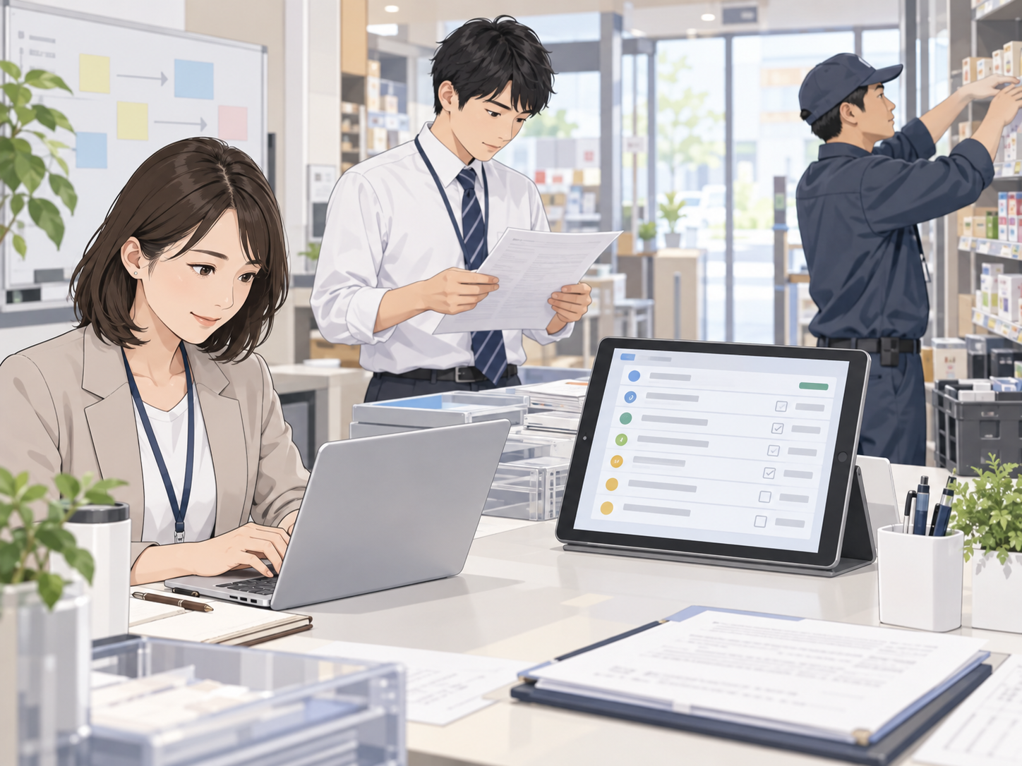 議事録を確認しながら担当業務を進める複数のスタッフ