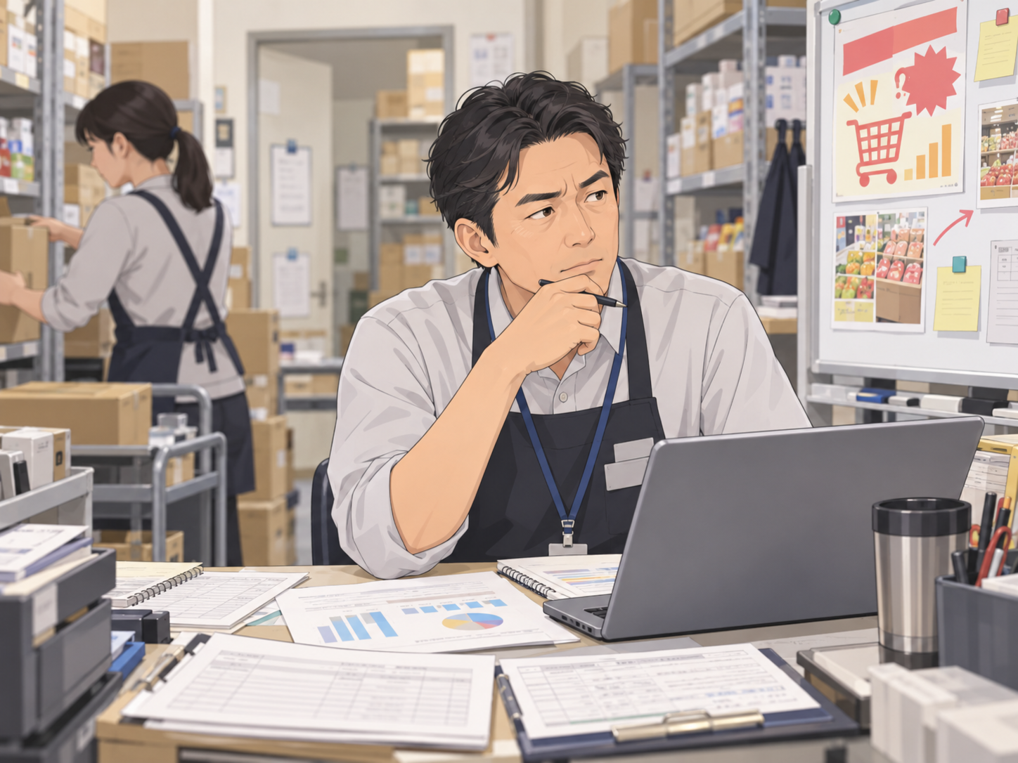 通常業務の合間に販促企画を考える店舗担当者