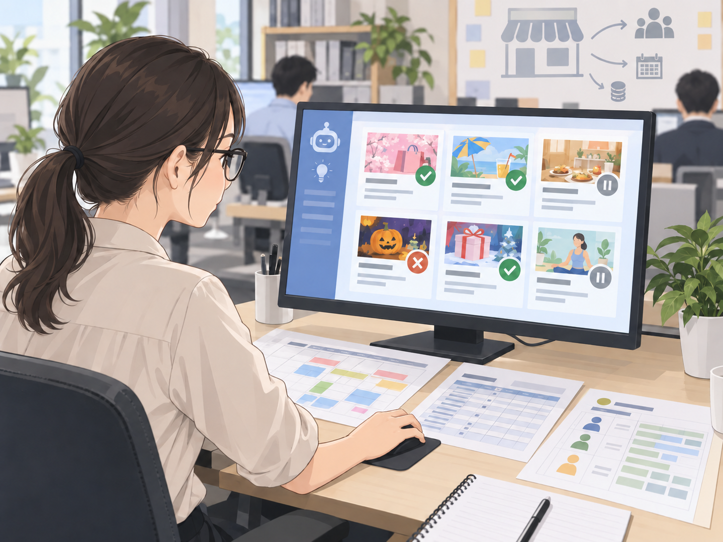 AIの販促案を店舗条件と照らし合わせて選別する担当者