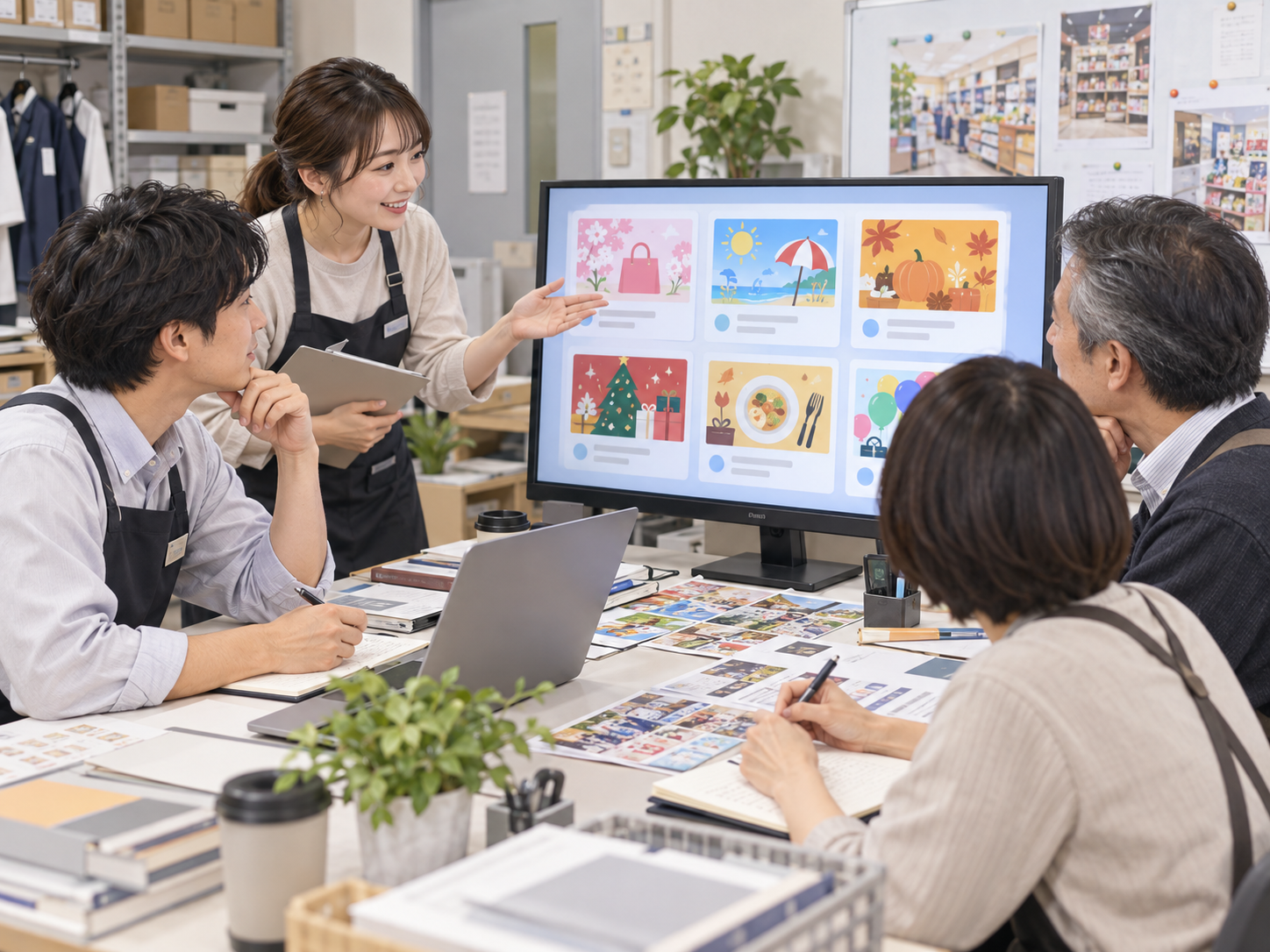 AIで作った販促案をもとに店舗スタッフが企画会議をする様子