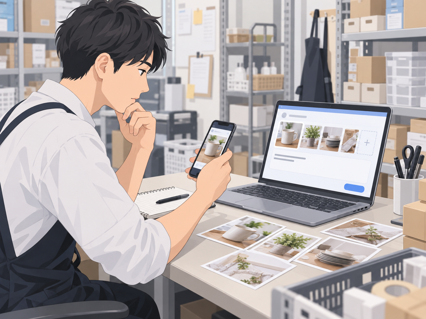 投稿する写真は用意できているがSNS文章作成に悩む店舗スタッフ