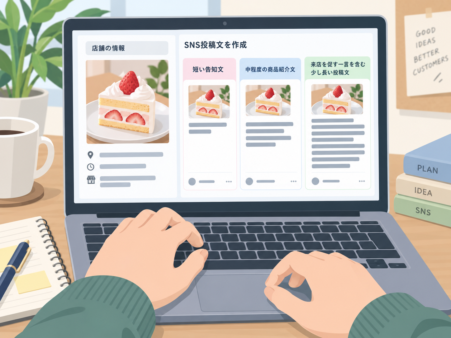 同じ店舗情報を3種類の長さのSNS投稿文に整理する画面