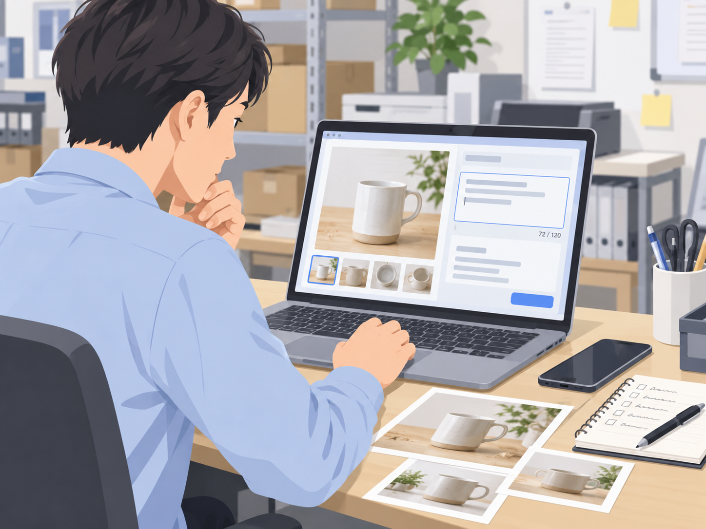 店舗の商品写真とSNS投稿文を組み合わせて調整する担当者