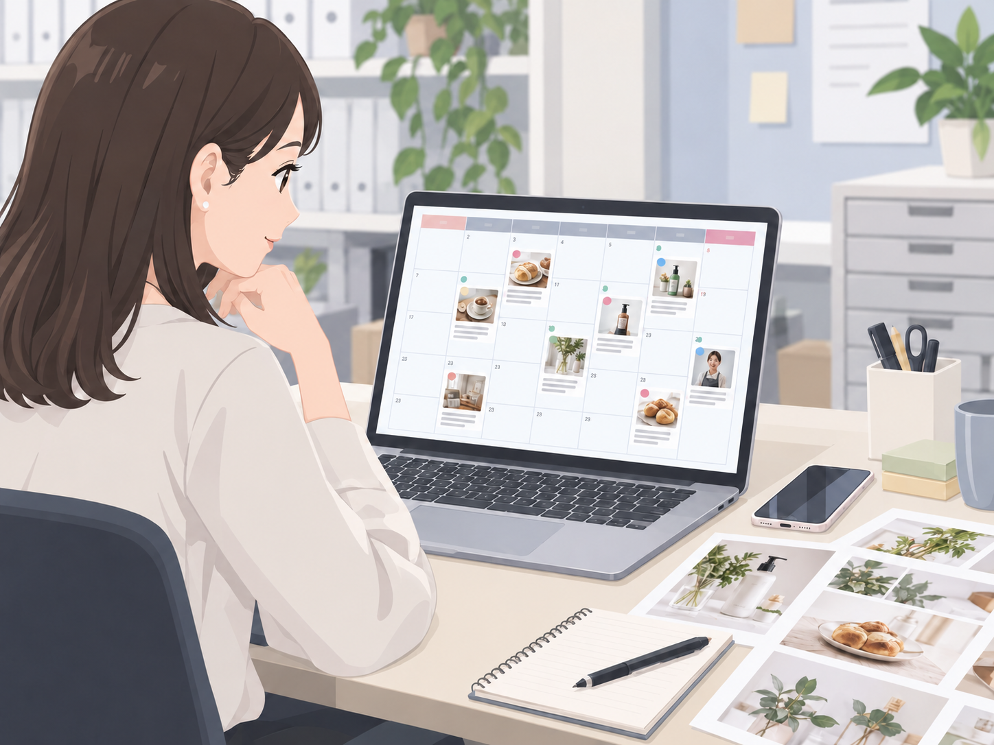複数のSNS投稿をまとめて準備しカレンダー上で管理する店舗担当者