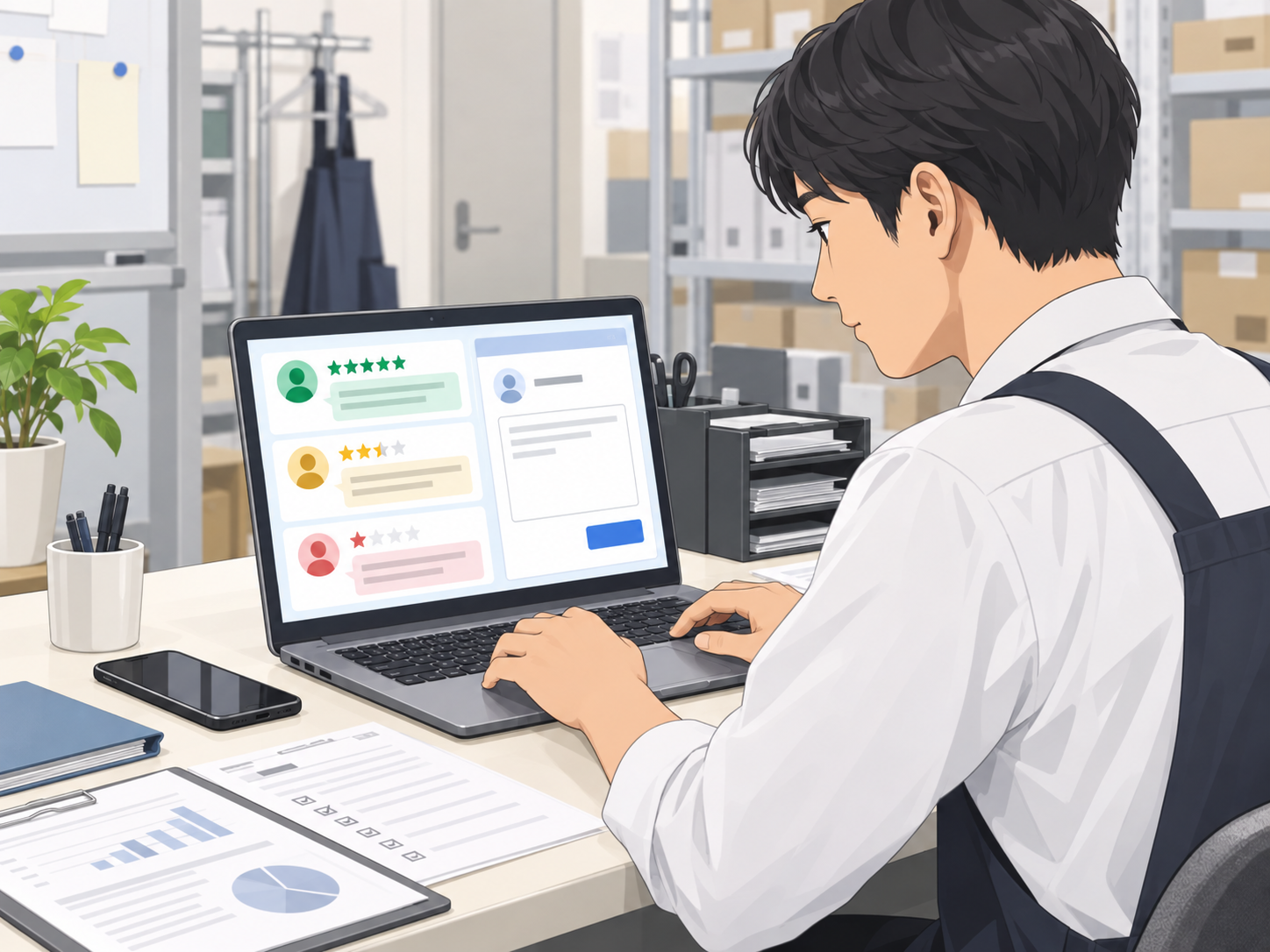 口コミ内容を確認しAIで店舗からの返信文を作成する担当者