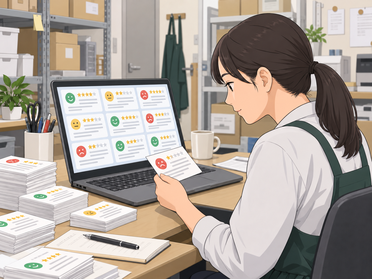 複数の口コミを確認しながら返信内容に悩む店舗担当者