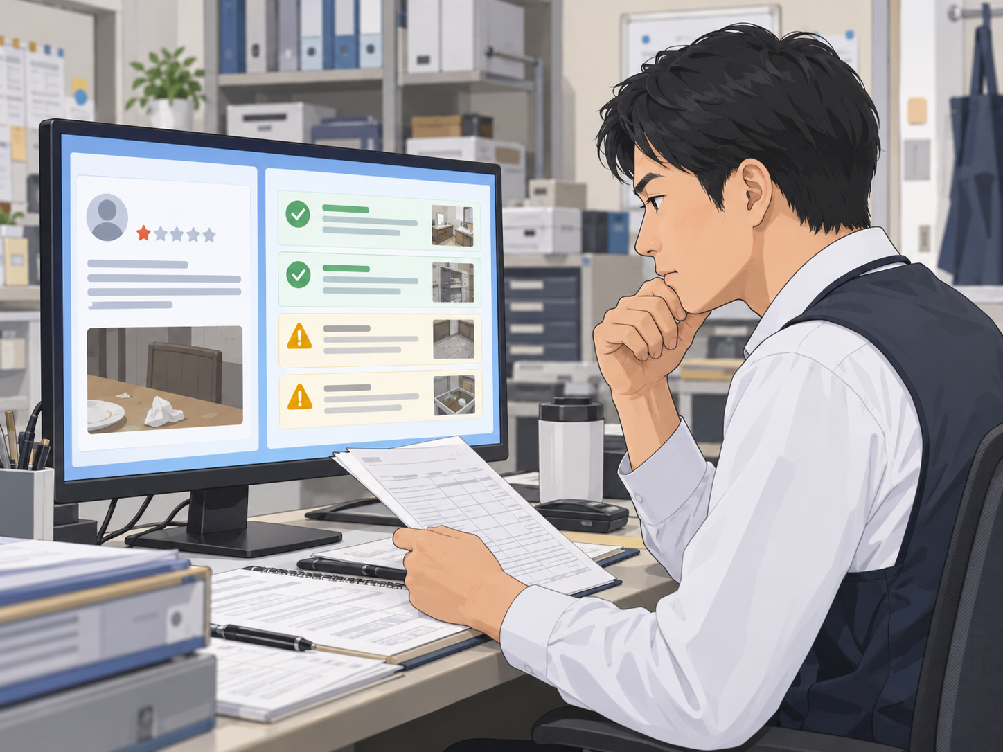 低評価の口コミと店舗側の確認情報を照らし合わせる担当者