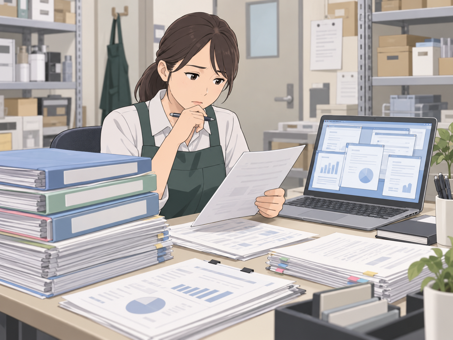大量の日報や報告書を確認する店舗管理者