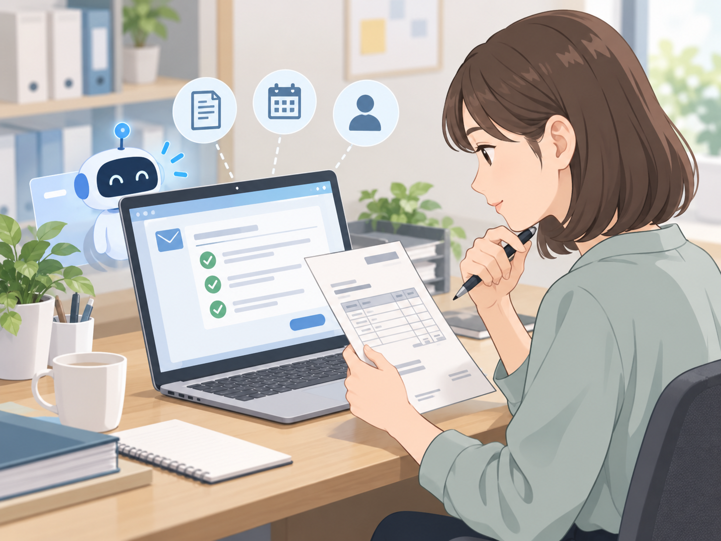 AIが作った経理連絡文と元の請求書を照らし合わせる担当者