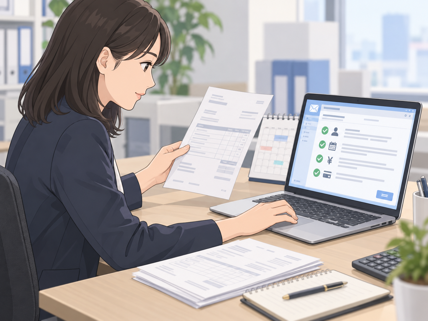 AIで作成した請求連絡文と元の請求書を照合する経理担当者AIで作成した請求連絡文と元の請求書を照合する経理担当者
