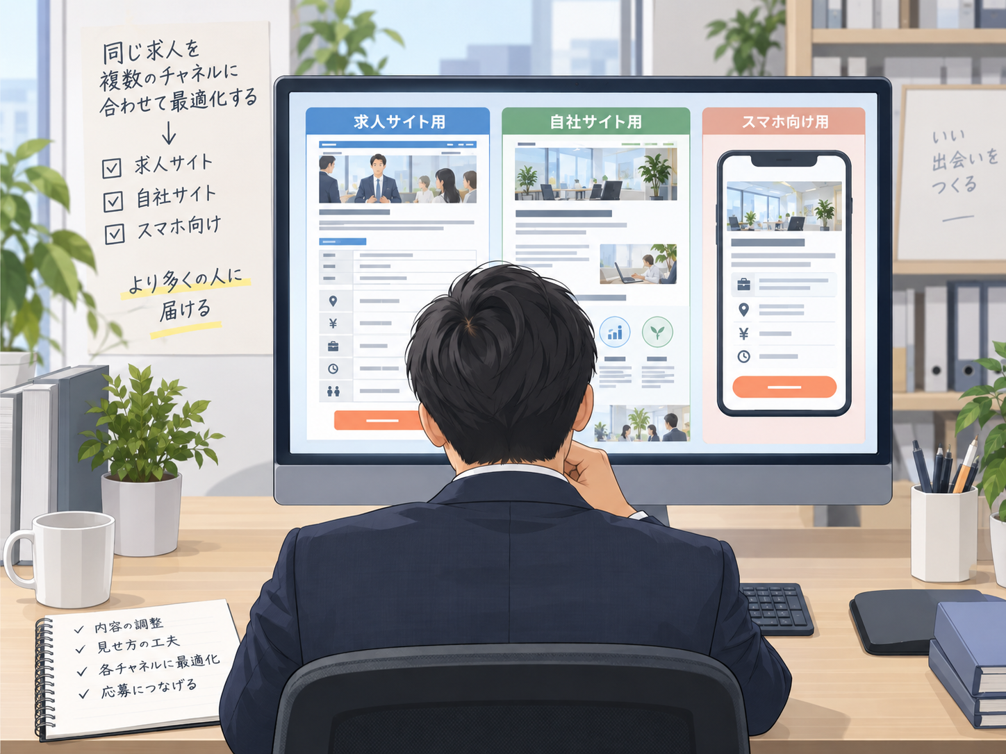 同じ求人情報を複数の掲載媒体向けに調整する採用担当者