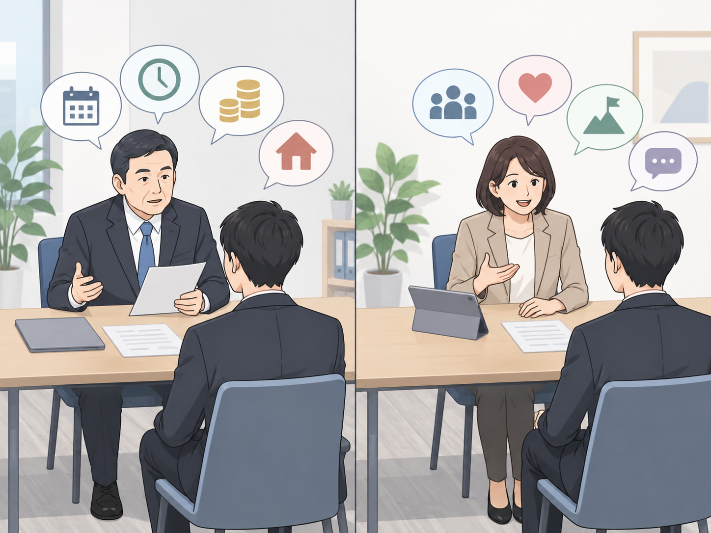 複数の面接担当者が異なる質問内容で面接しているイメージ