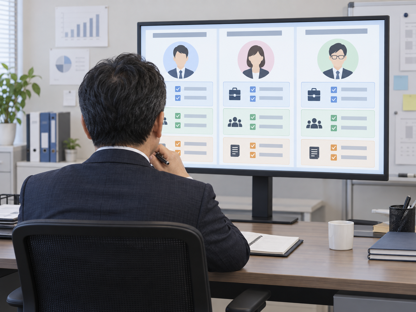 複数の応募者を同じ評価項目で比較する採用担当者
