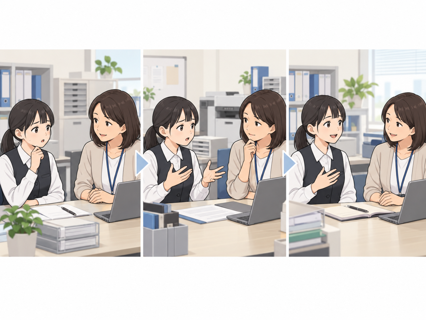 入社1週間・1か月・3か月で段階的に新人フォローを行うイメージ