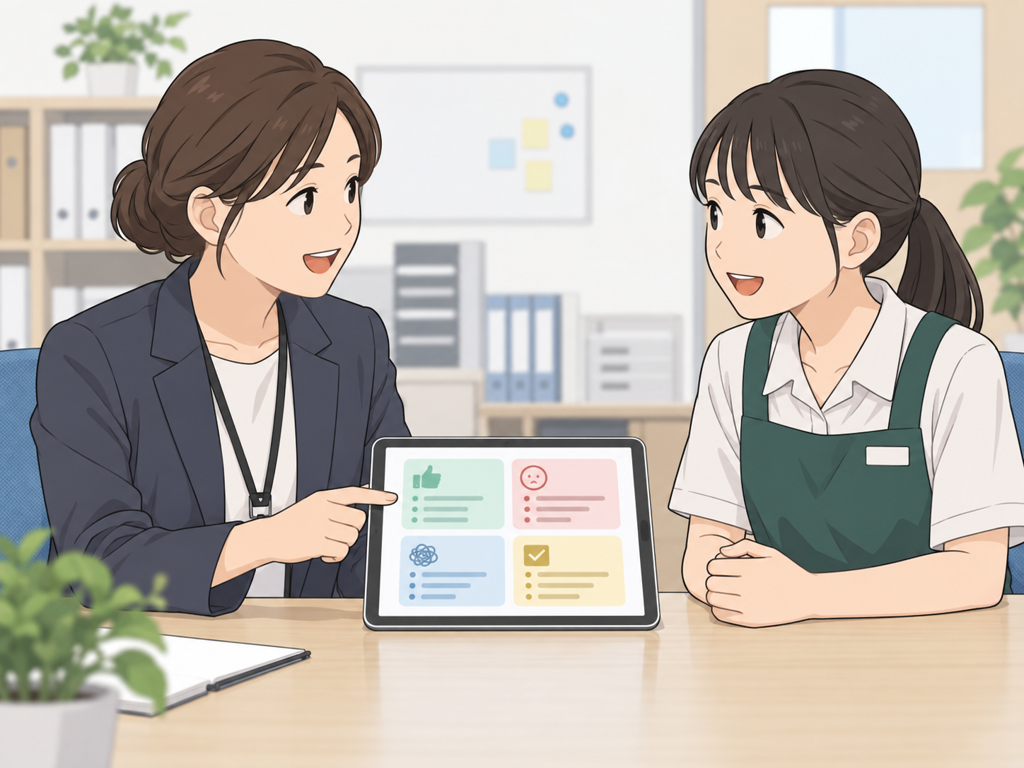 新人面談用の振り返りシートを確認する教育担当者とスタッフ