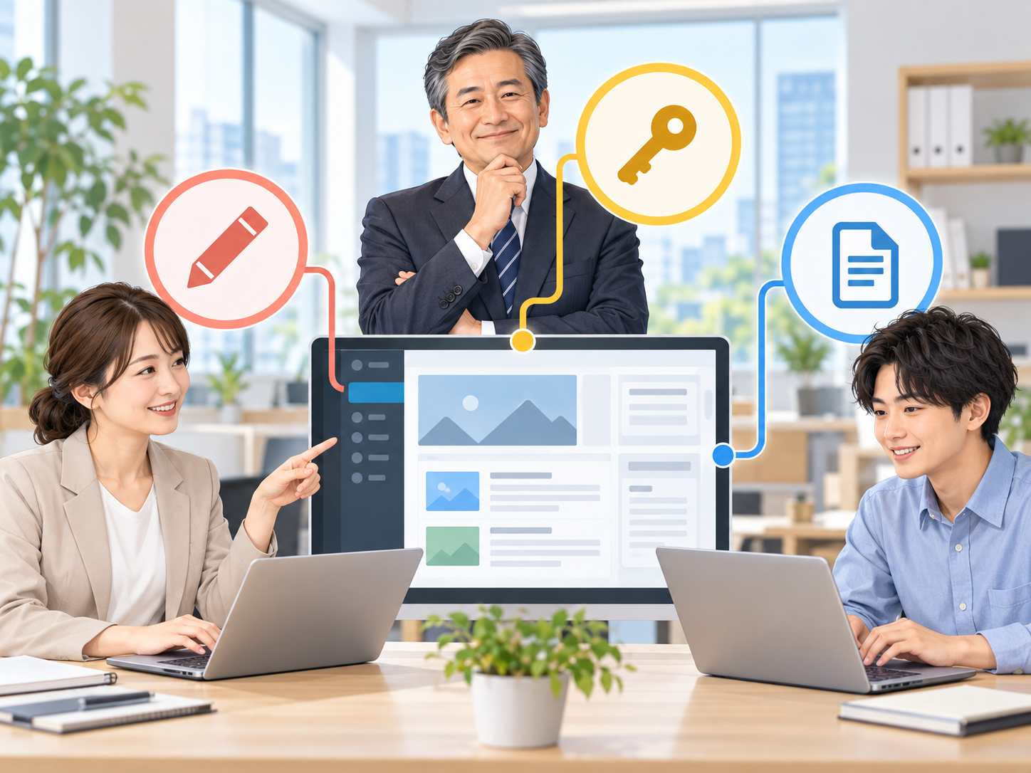 WordPressの管理者や編集担当者に異なる操作権限を設定するイメージ