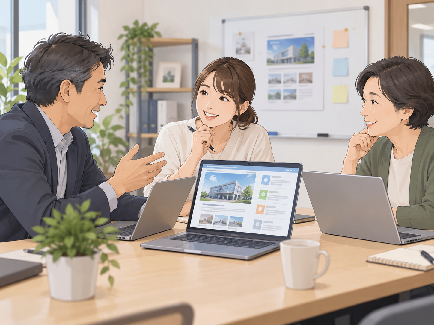 Web担当者と営業担当者がサイト改善について情報共有する様子