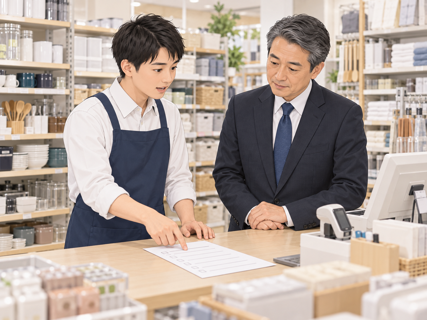 店舗スタッフが実際の業務手順を本部担当者に説明する様子