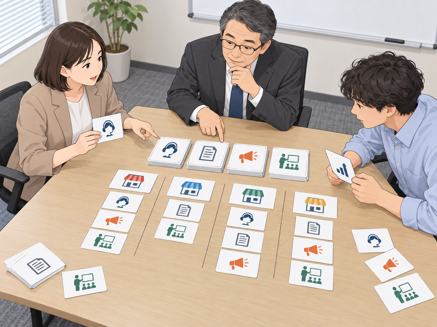 本部と店舗の担当者が、共通化する業務と店舗ごとの対応を検討する様子
