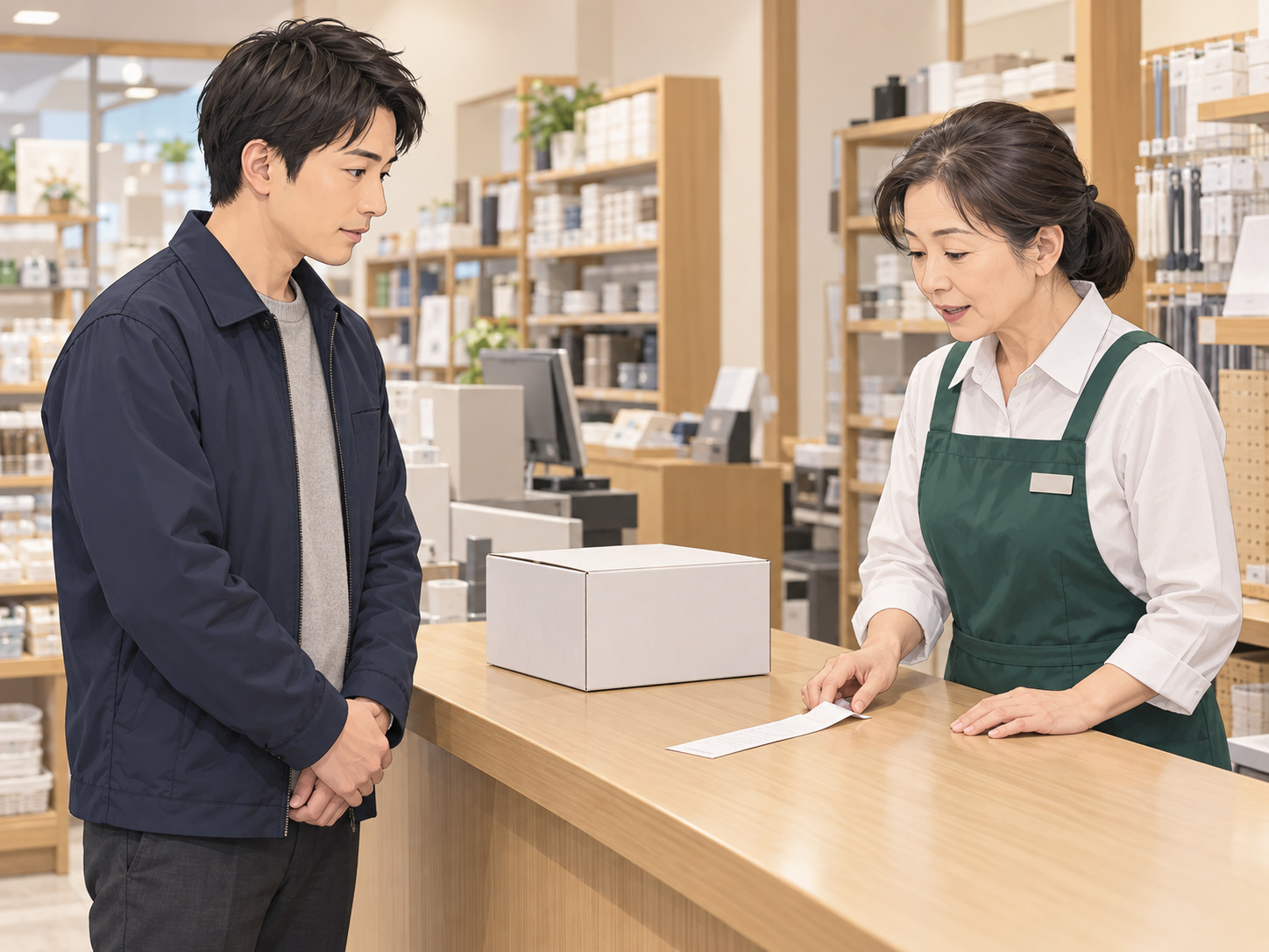 返品の申し出について、商品と購入資料を確認する店舗責任者