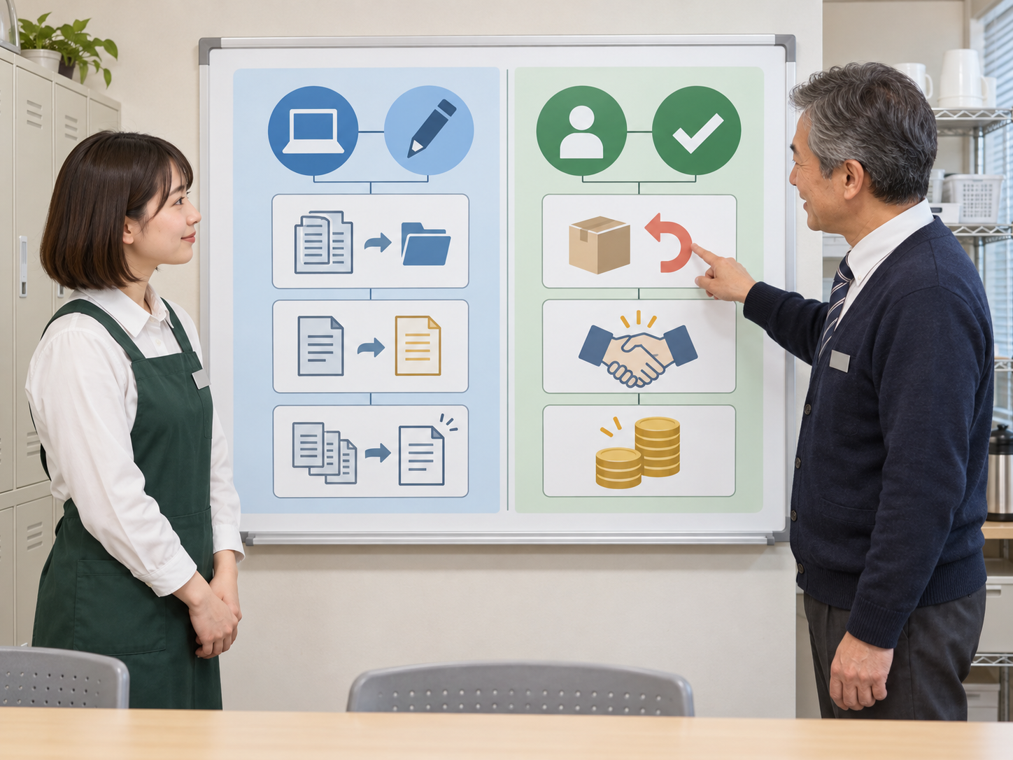 店舗スタッフが、AIを使う作業と責任者が判断する作業を確認する様子
