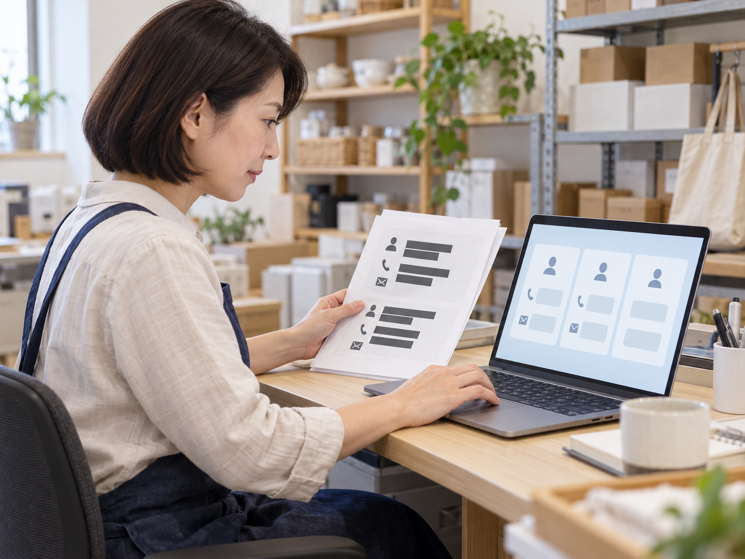 AIへ入力する前に、問い合わせ資料の情報を確認する店舗担当者