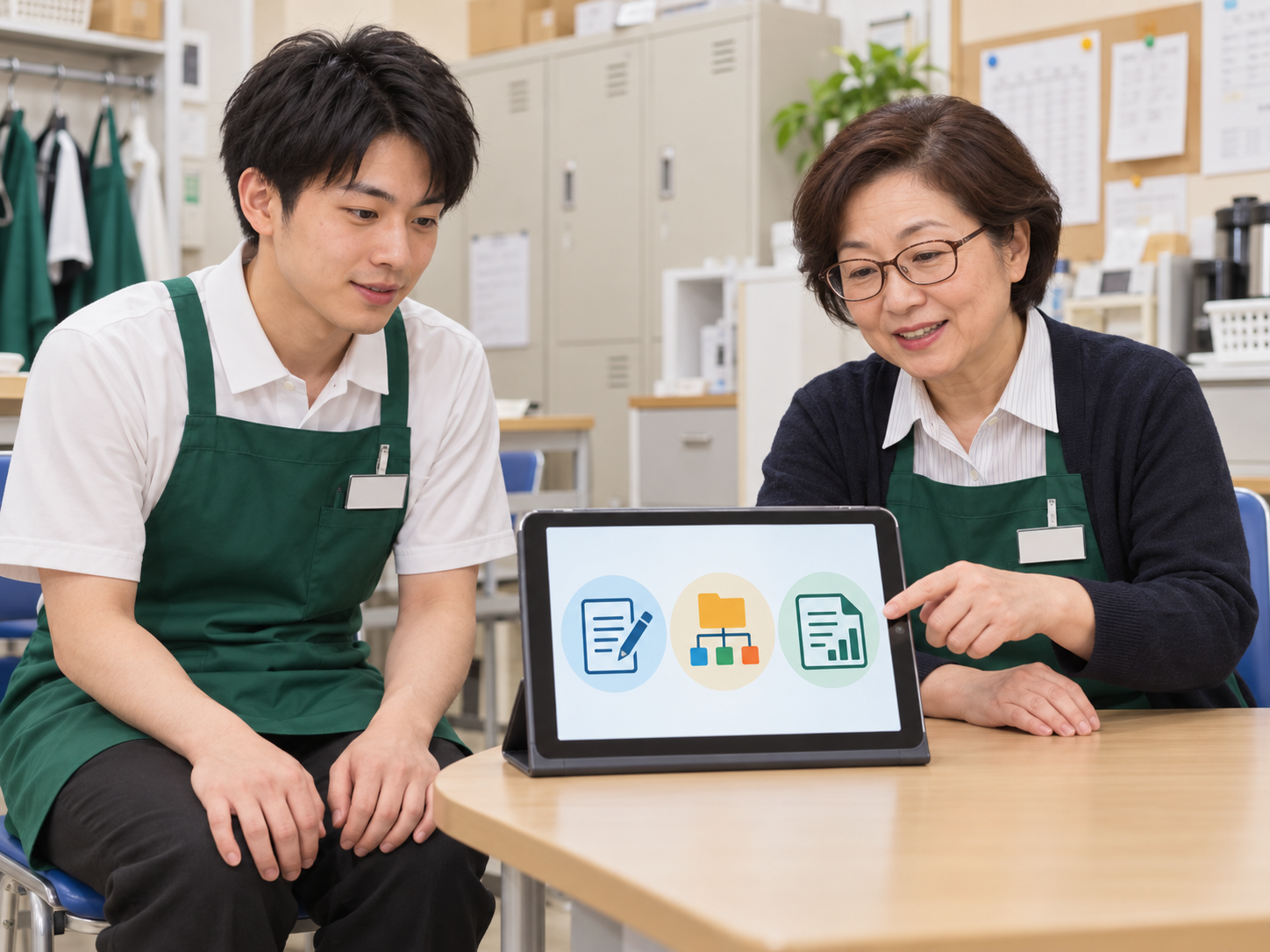 業務用AIの利用範囲を責任者と確認する店舗スタッフ