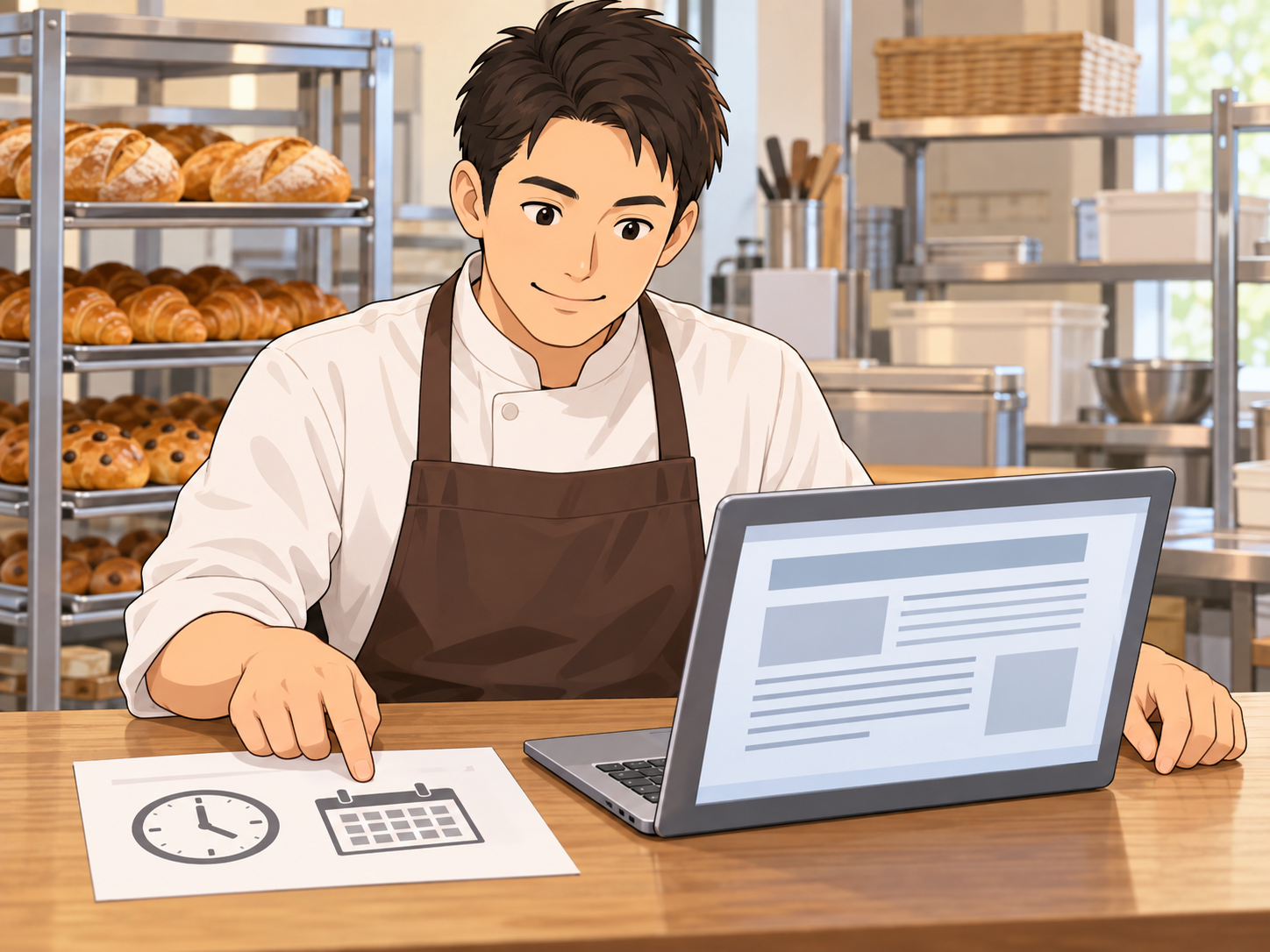 店舗のお知らせの下書きと元の情報を照合するスタッフ