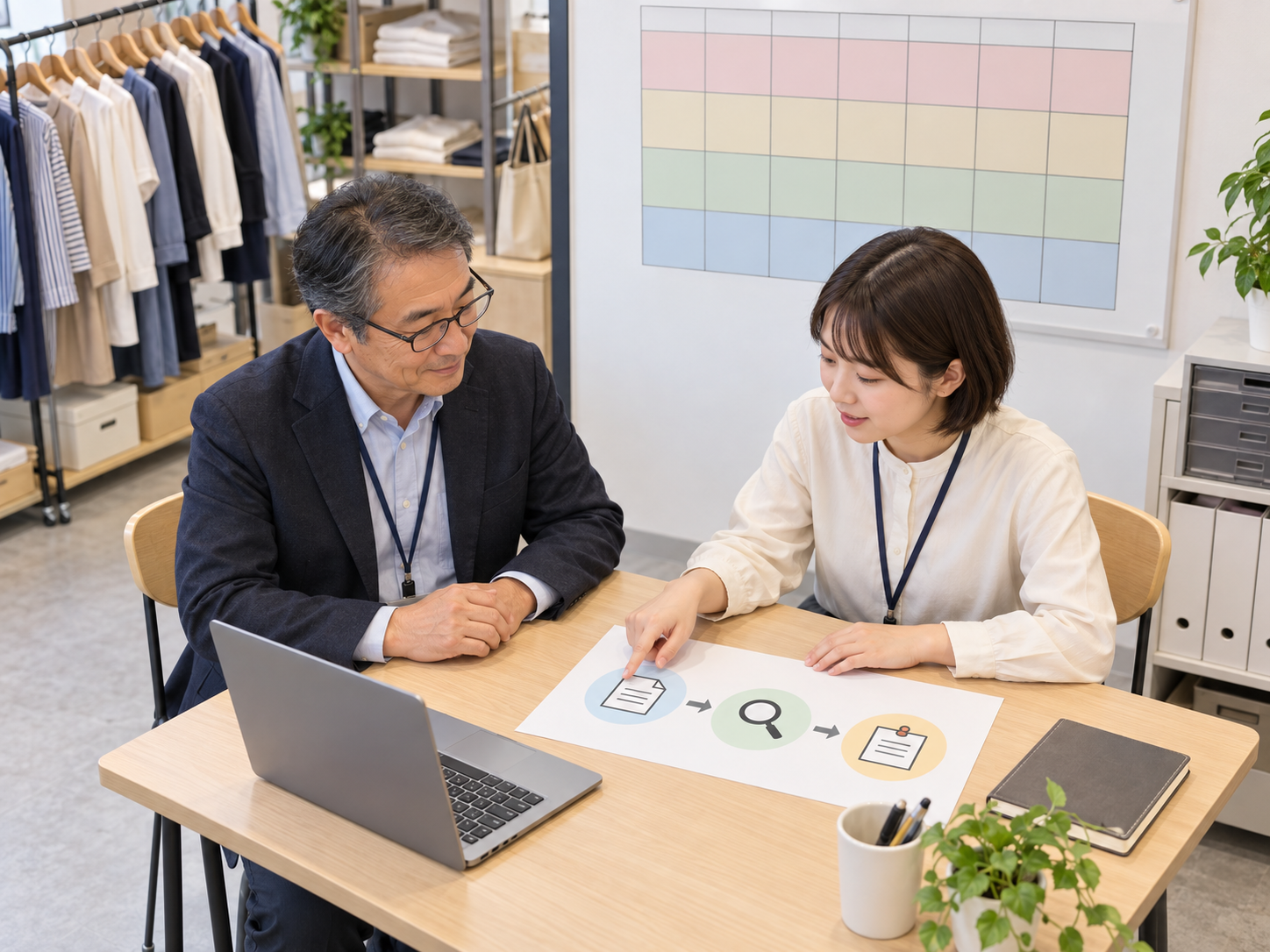 AIを試す担当者と確認担当が、店舗内で運用手順を共有する様子