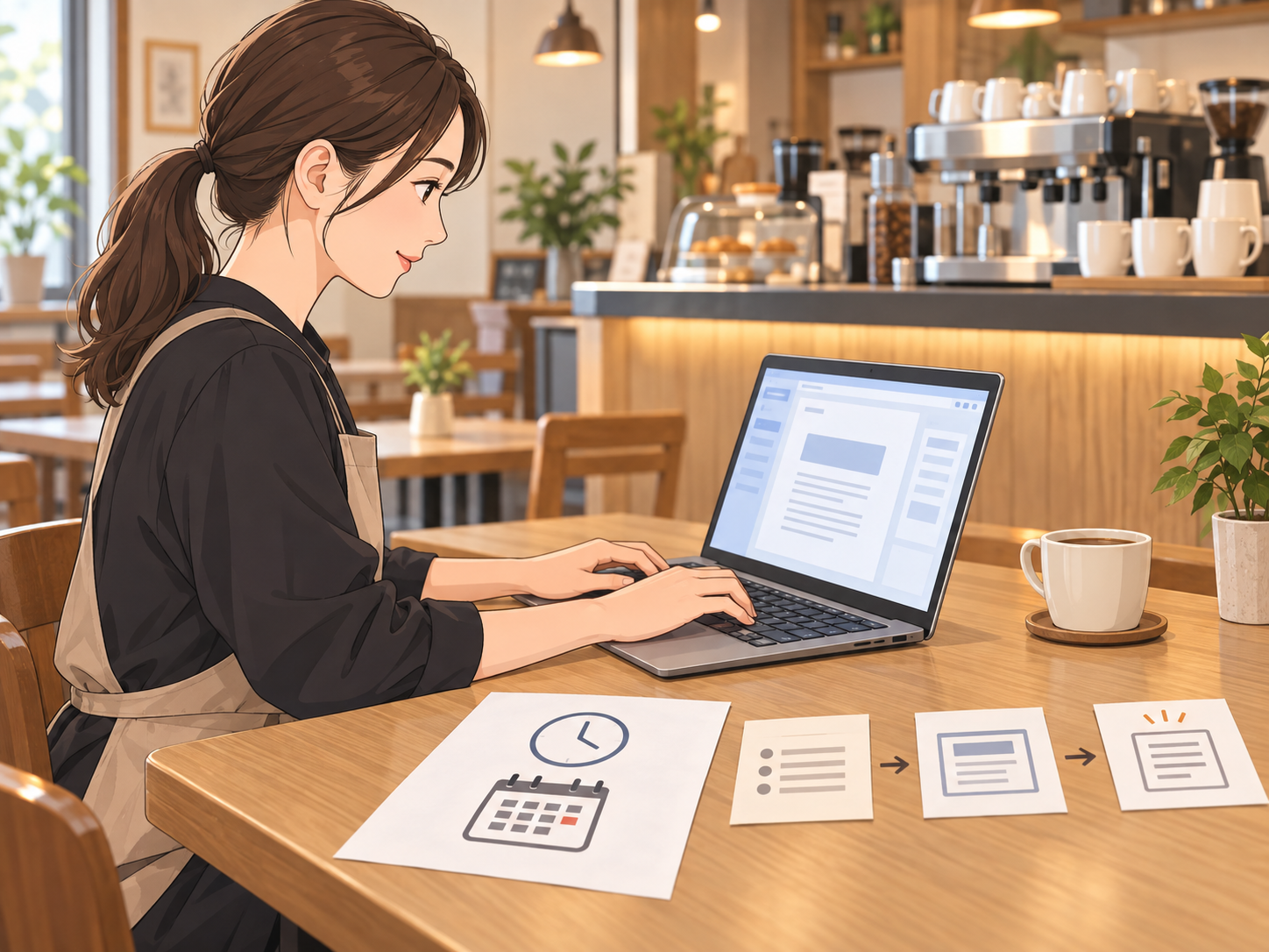 営業時間変更の情報をもとに、決められた手順で案内文を作るスタッフ