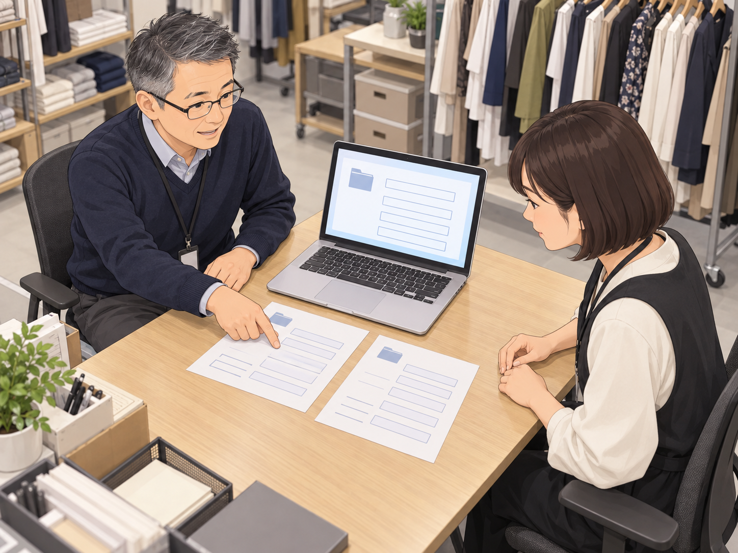 共通テンプレートを使い、別の担当者へ作業方法を引き継ぐ様子