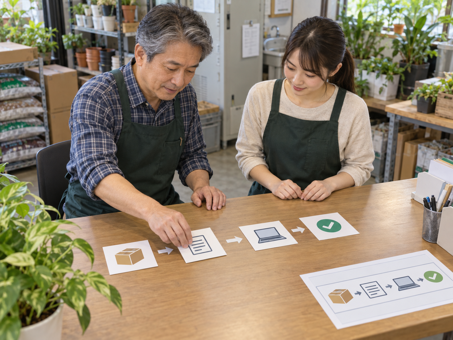 繰り返し行う作業をスタッフ同士で整理し、共通の手順にまとめる様子