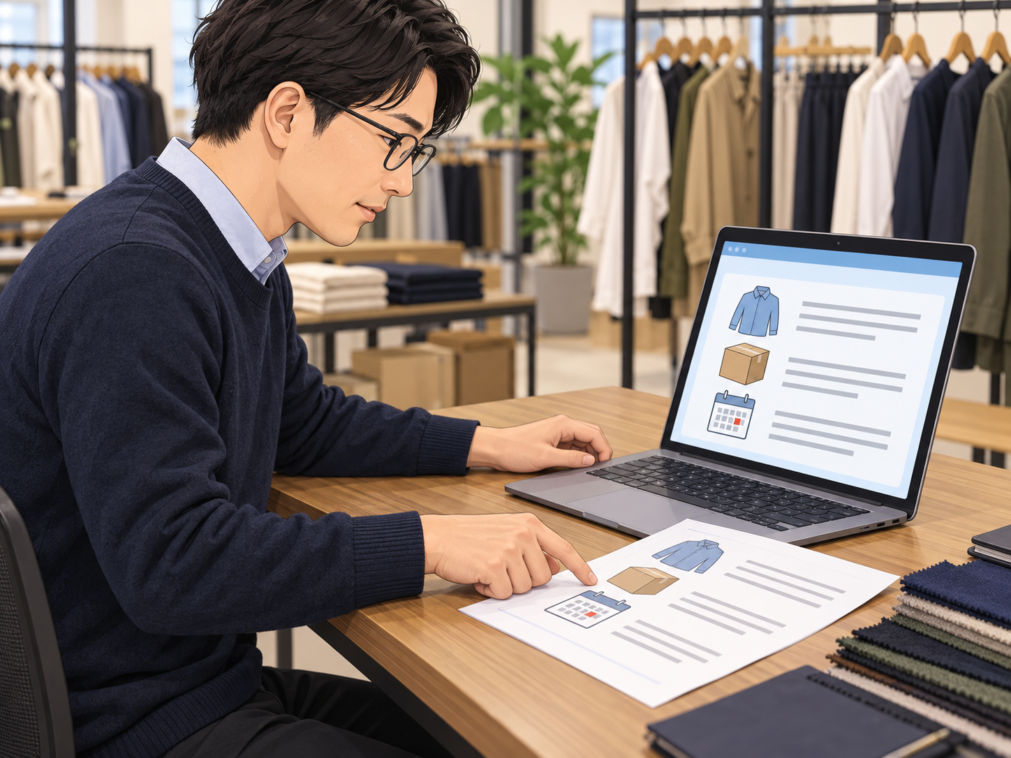 取引先への連絡文の下書きを、元の発注資料と照合する担当者